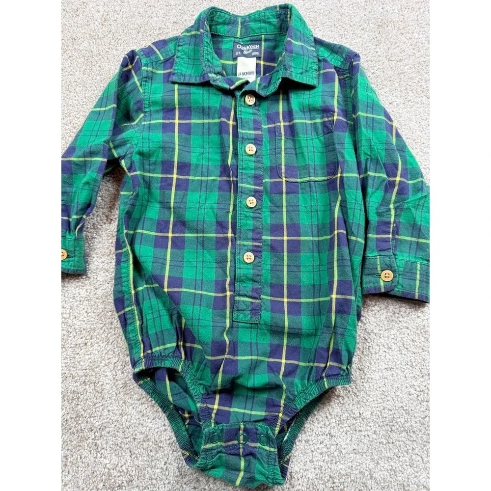 OshKosh Bgosh Baby Boy 24M Green Navy Plaid Flannel Long Sleeve Shirt Bodysuit